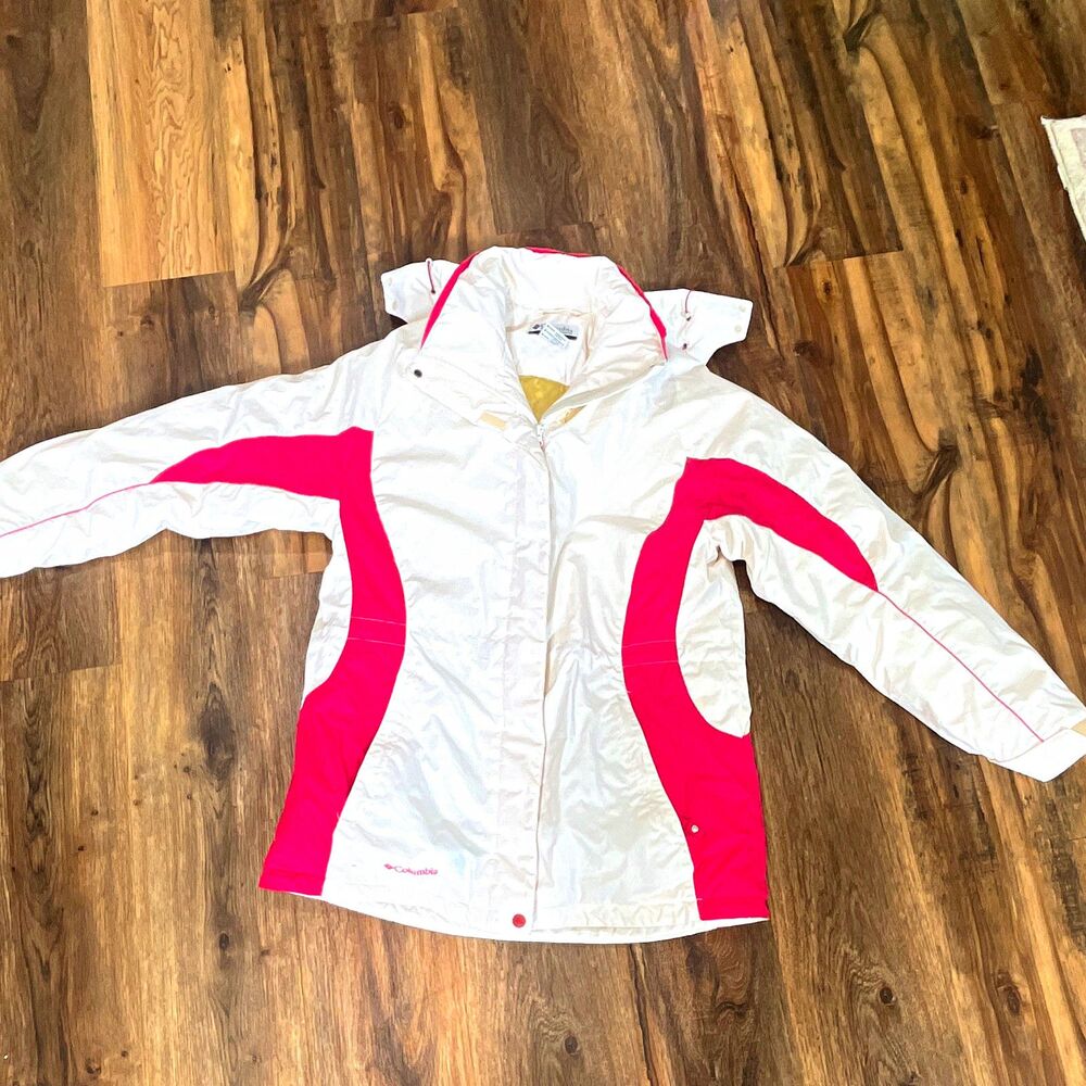 Columbia Women’s White/Pink Colorblock Hooded Full Zip Jacket Pockets Size M
